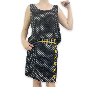 90s HW Vintage Black Yellow Polka Dot Plaid Skirt Tank Top Set